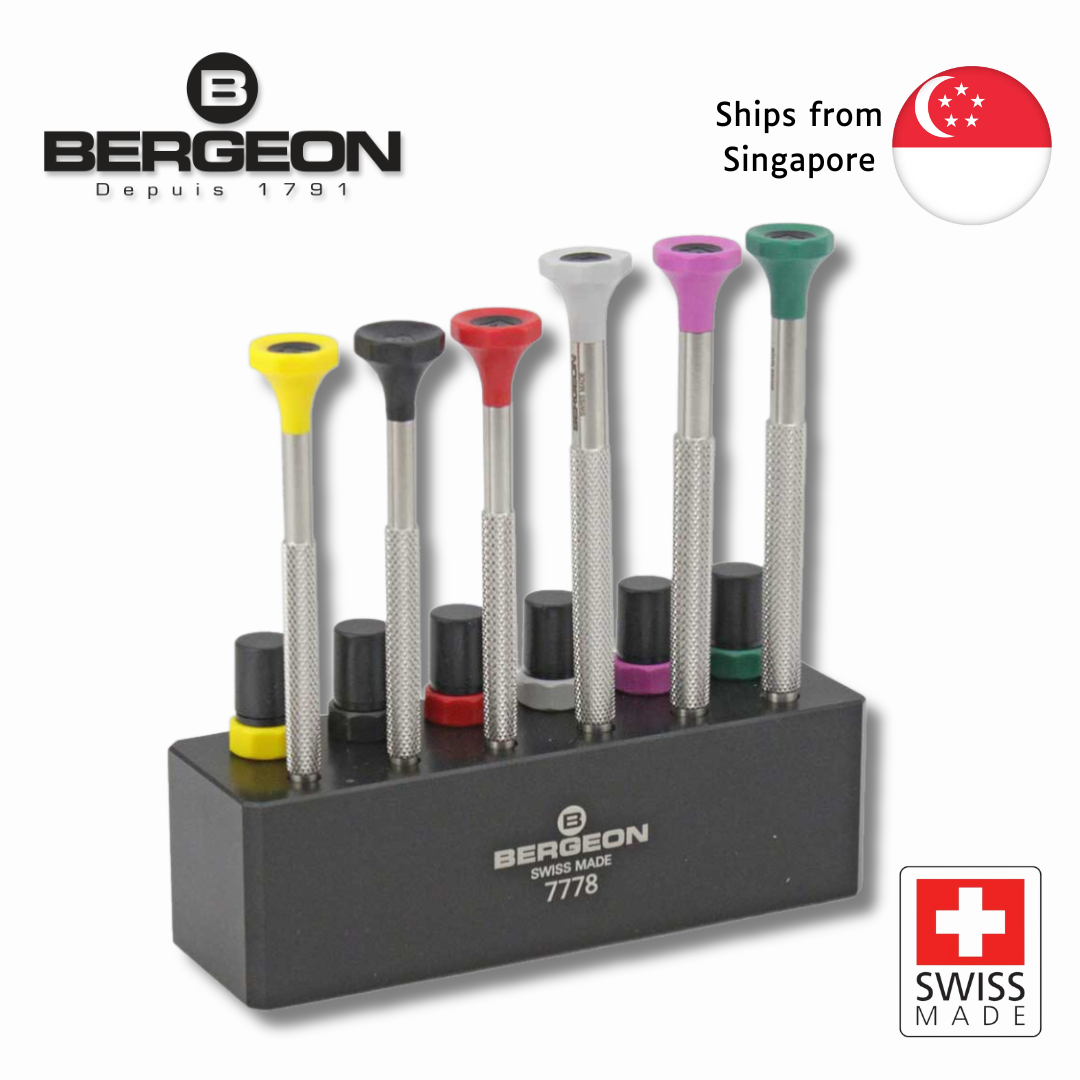 Bergeon 7778 Set of 6 Watchmaking Screwdrivers, Hardened Stainless Steel,  Stable base anti-slip film, 6 tubes of blades