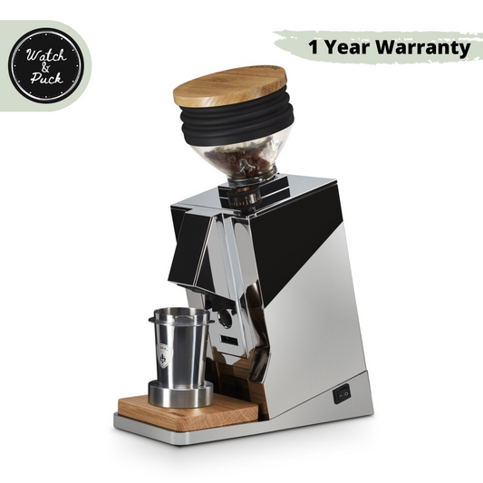 Eureka Oro Single Dose Coffee Grinder (Chrome) - ELR (Extremely Low Retention) System, Dosing Cup, Blow Up Cleaning, Oak Base, Pure Diamond Burr