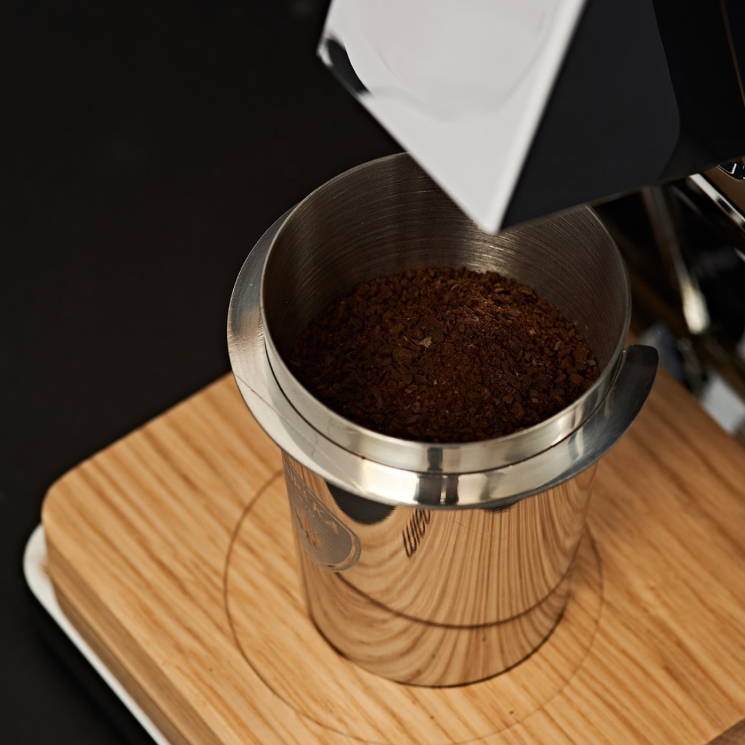 Eureka Oro Single Dose Coffee Grinder (Chrome) - ELR (Extremely Low Retention) System, Dosing Cup, Blow Up Cleaning, Oak Base, Pure Diamond Burr