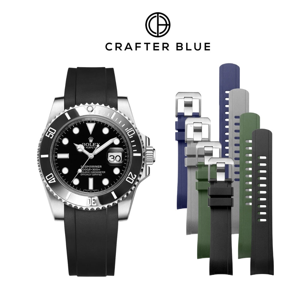 Crafter Blue Curved End Rubber Strap, RX01 model, Submariner, GMT Master I II, Explorer, Sea Dweller, - Watch&Puck