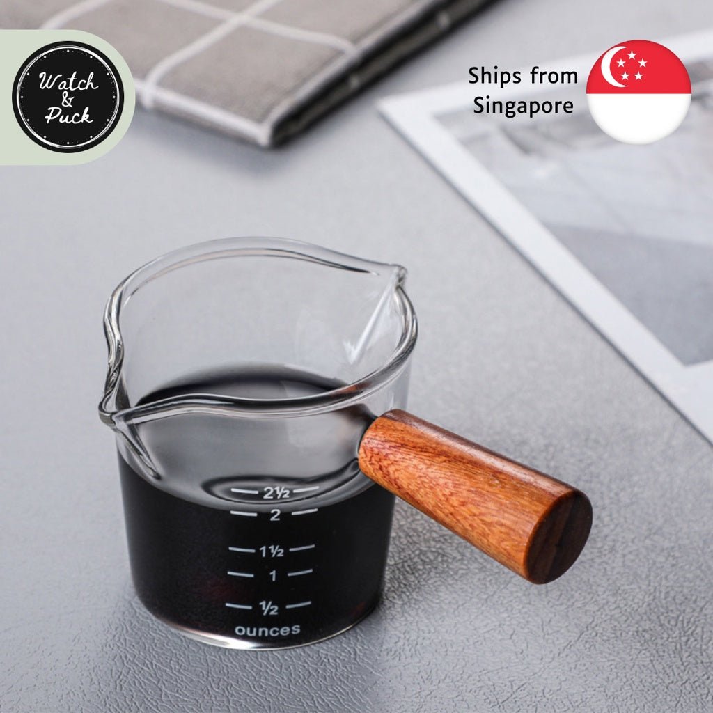 Espresso Shot Measuring Glass, Dual Sprout Dual Shot 2.5 ounces, 70ml, Glass Cup and Wooden Handle - Watch&Puck