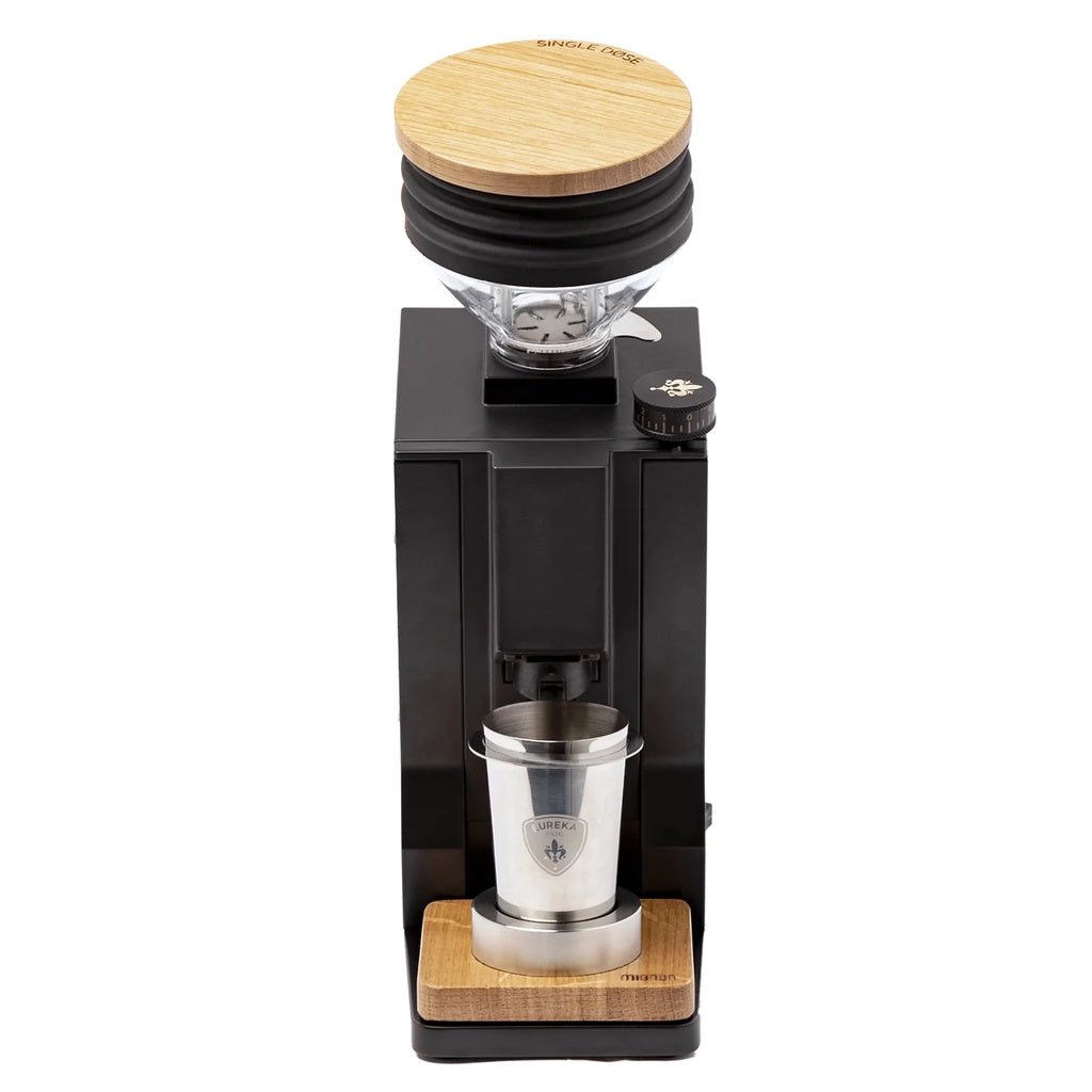 Eureka Oro Single Dose Coffee Grinder Black - ELR (extremely Low Retension) System, Dosing Cup, 65mm burr, Oak Base - Watch&Puck