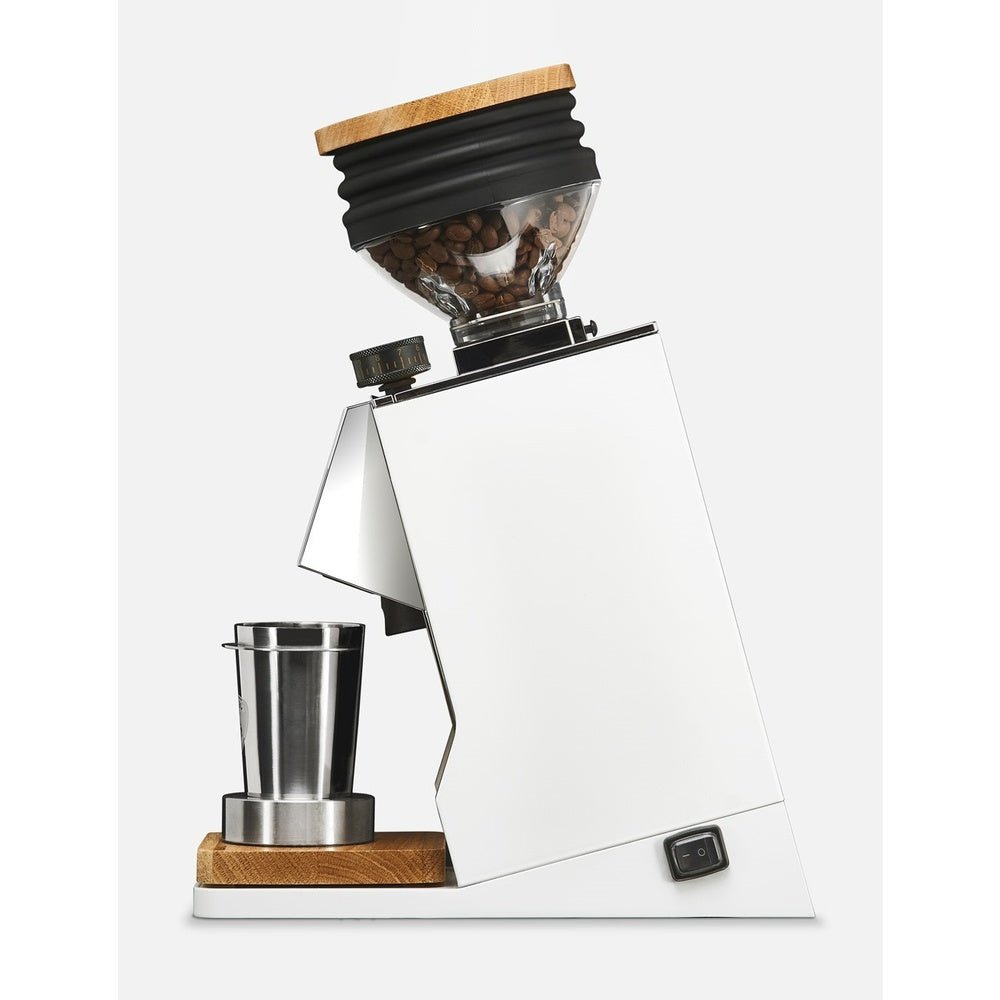 Eureka Oro Single Dose Coffee Grinder White - ELR (extremely Low Retension) System, Dosing Cup, 65mm burr, Oak Base - Watch&Puck