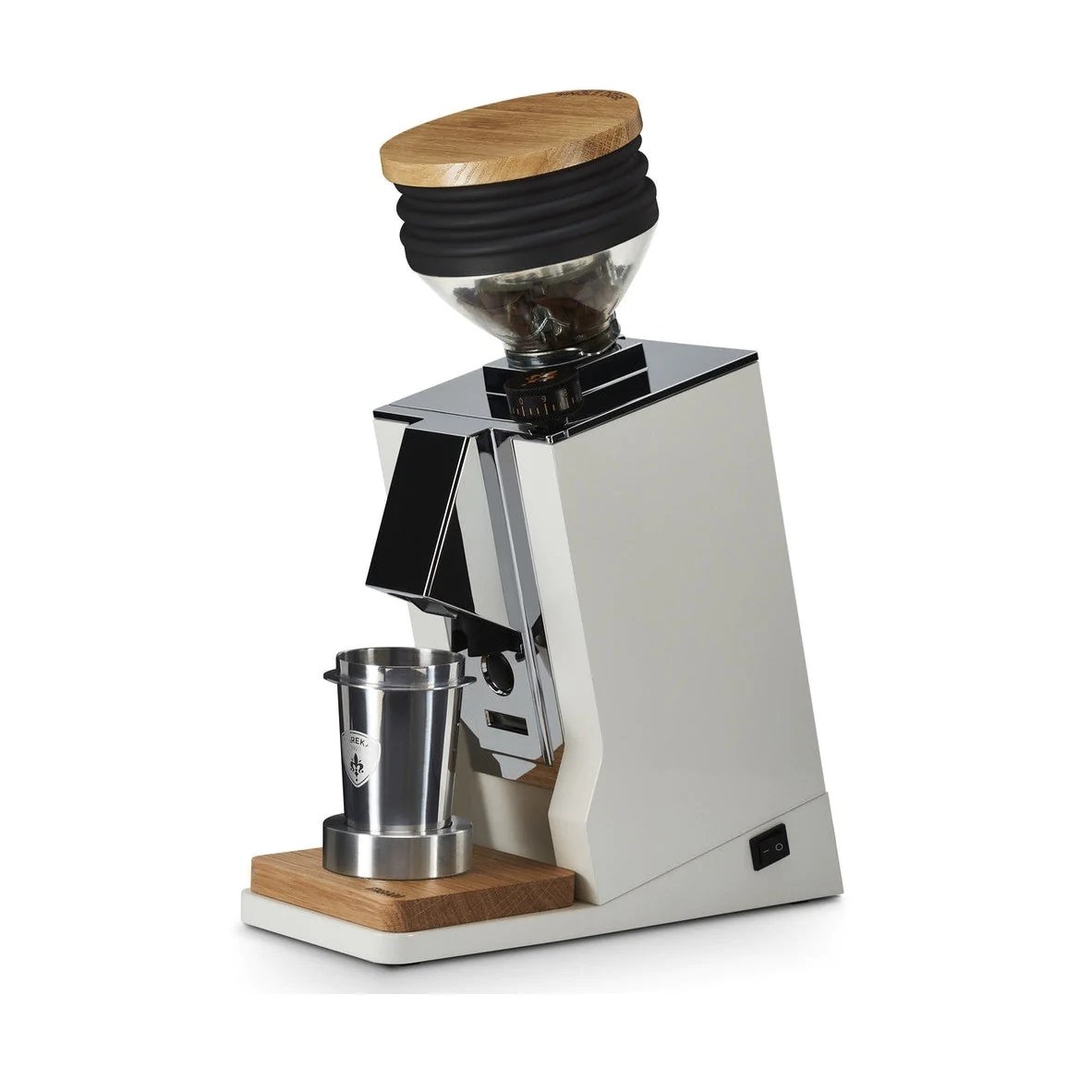 Eureka Oro Single Dose Coffee Grinder White - ELR (extremely Low Retension) System, Dosing Cup, 65mm burr, Oak Base - Watch&Puck