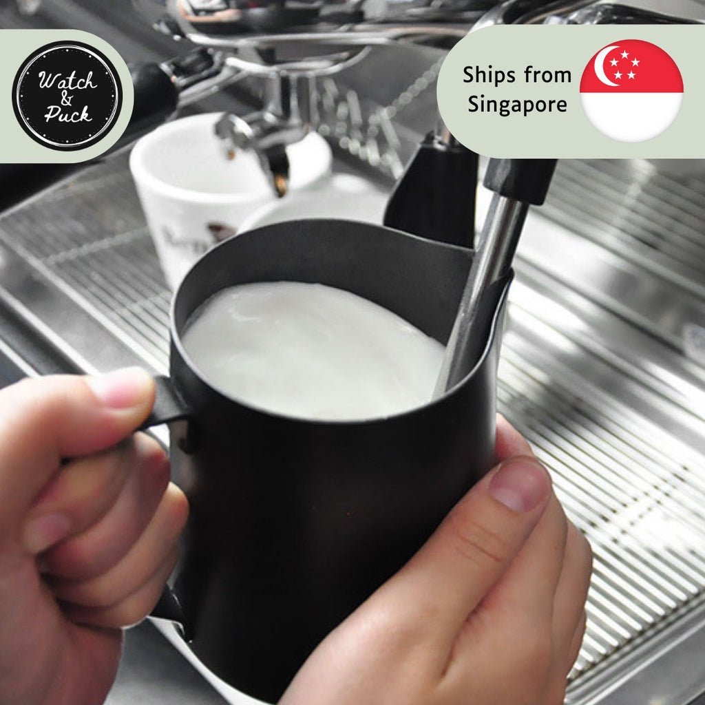 Milk Steaming Frothing Pitcher Jug, 600ml, Teflon Coated, Stainless Steel, Latte Art - Watch&Puck