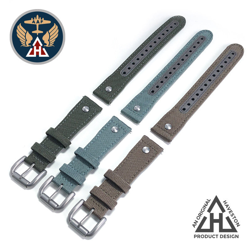 Haveston AAF Series Canvas Watch Strap, 20mm, woven nylon, engraved rivet, quick detach springbars, and soft underliner