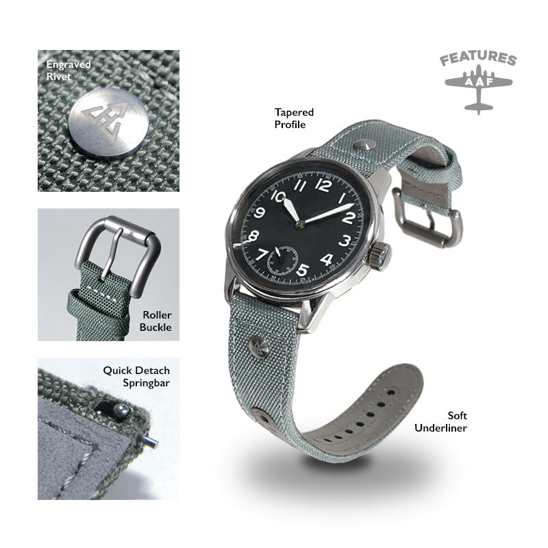 Haveston AAF Series Canvas Watch Strap, 20mm, woven nylon, engraved rivet, quick detach springbars, and soft underliner