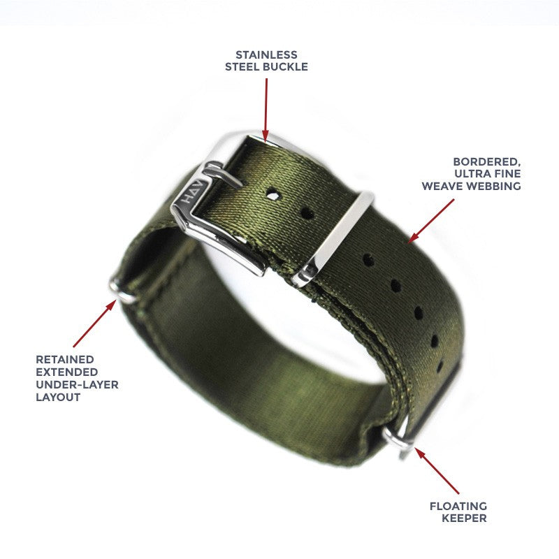 Haveston Parade Series Nylon Watch Strap, 20mm, 22mm, Nato Strap, Stainless Steel Buckle, Ultra fine weave polyamide