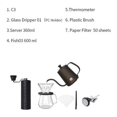Timemore Pour Over gift set with C3 Grinder, Crystal dripper, filter, thermometer in box - Watch&Puck